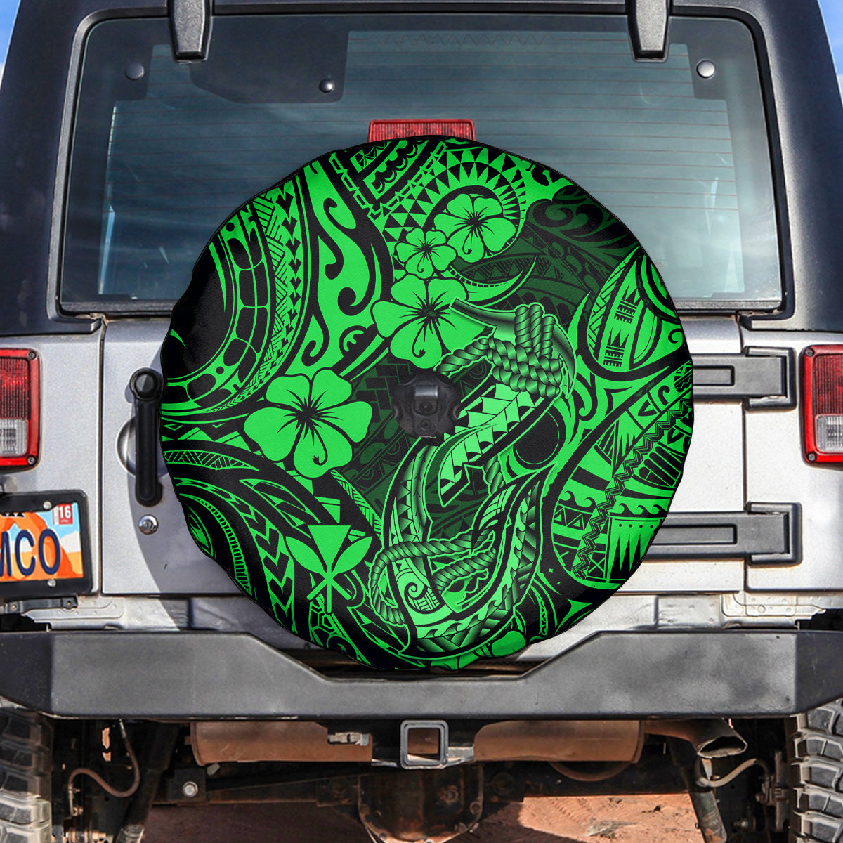 Hawaii Fish Hook Spare Tire Cover Polynesian Pattern Green Version - Wonder Print Shop