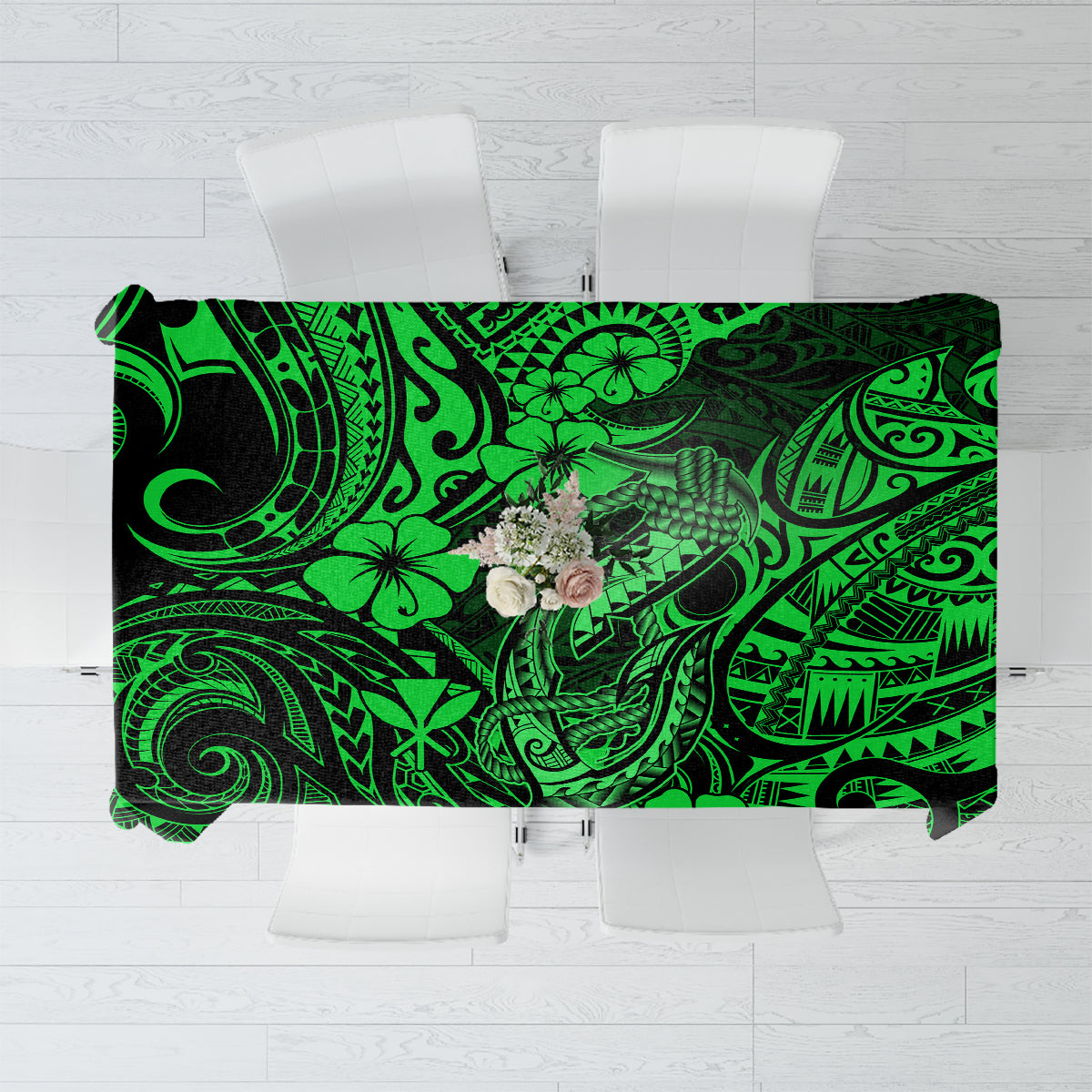 Hawaii Fish Hook Tablecloth Polynesian Pattern Green Version - Wonder Print Shop