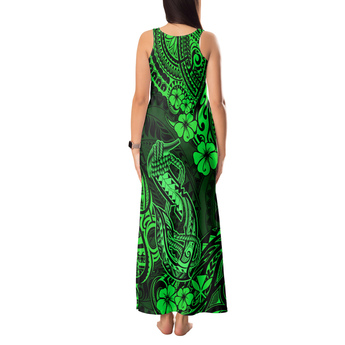 Hawaii Fish Hook Tank Maxi Dress Polynesian Pattern Green Version - Wonder Print Shop