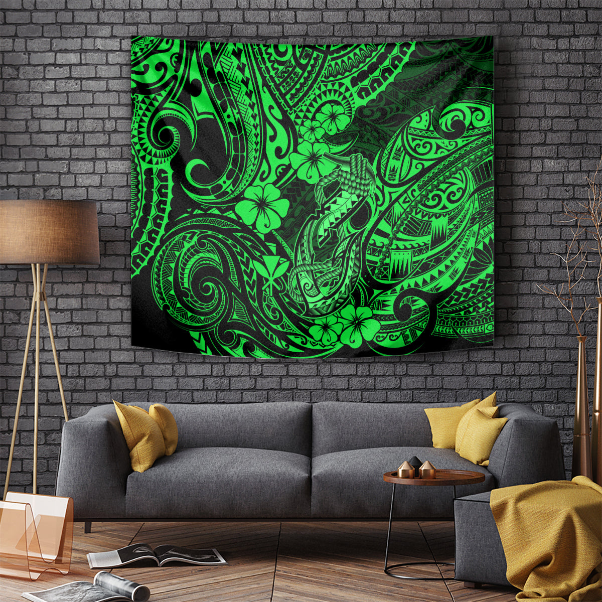 Hawaii Fish Hook Tapestry Polynesian Pattern Green Version - Wonder Print Shop
