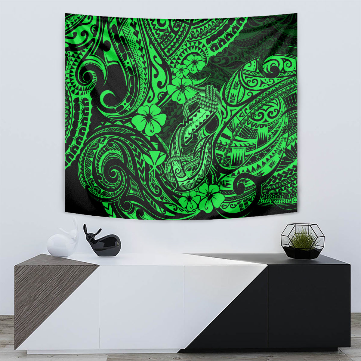 Hawaii Fish Hook Tapestry Polynesian Pattern Green Version - Wonder Print Shop