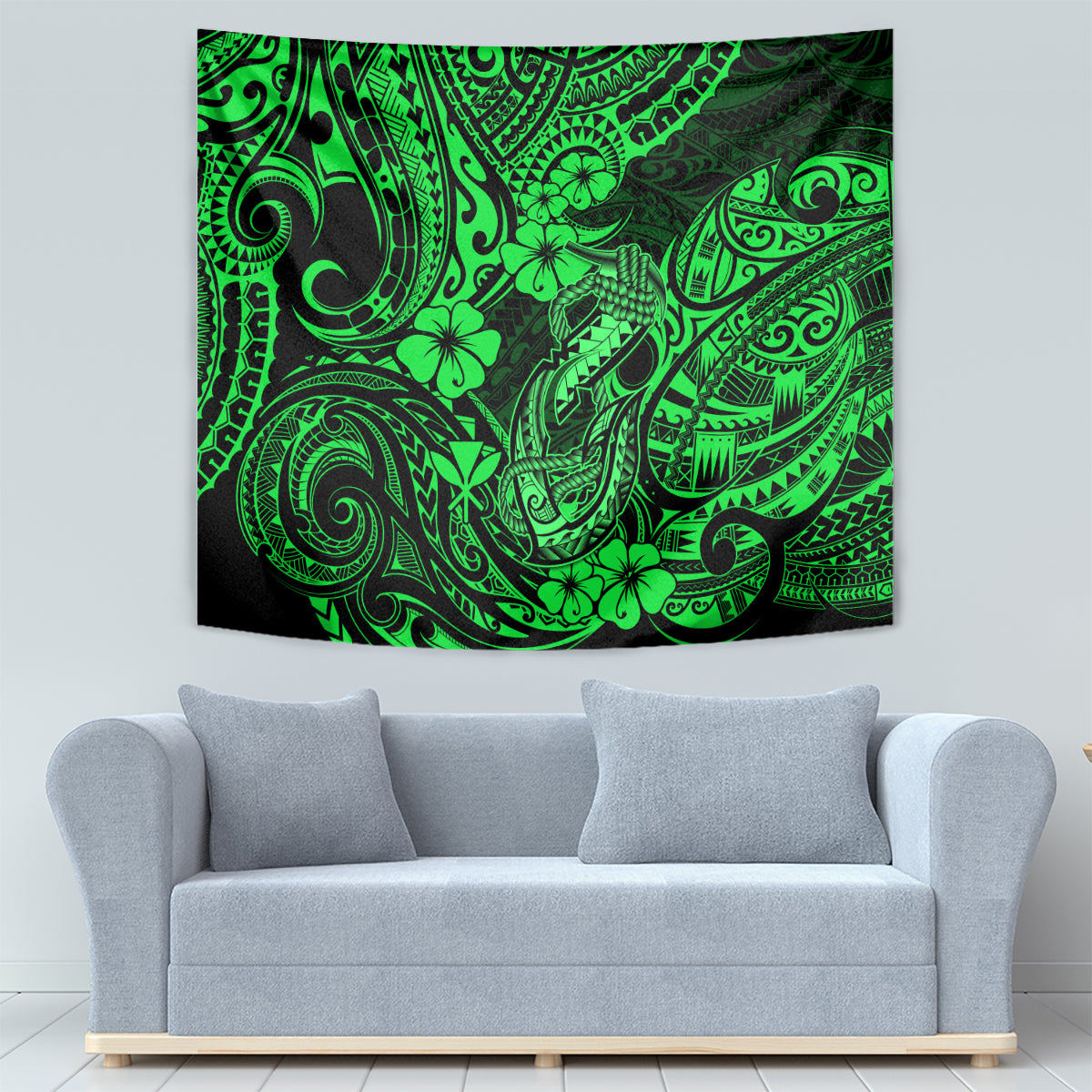 Hawaii Fish Hook Tapestry Polynesian Pattern Green Version - Wonder Print Shop