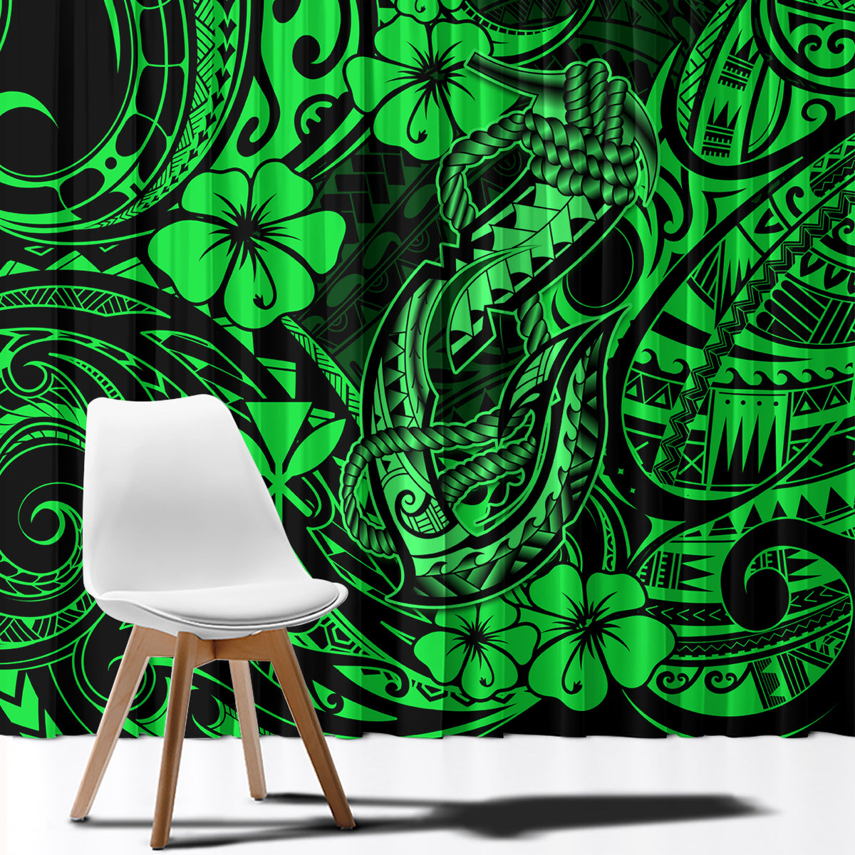 Hawaii Fish Hook Window Curtain Polynesian Pattern Green Version - Wonder Print Shop