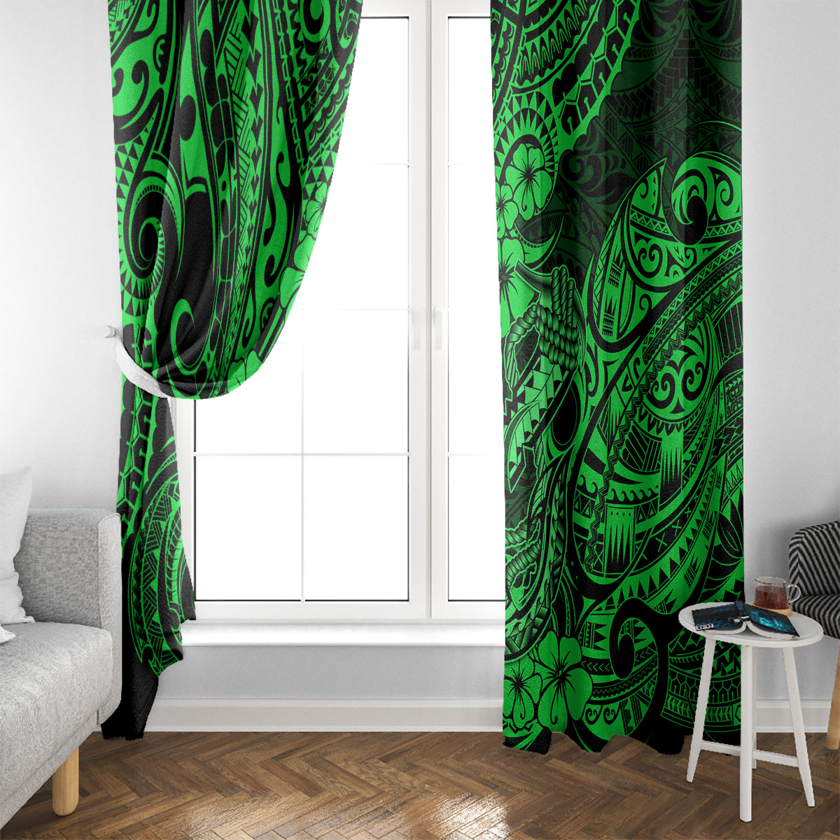 Hawaii Fish Hook Window Curtain Polynesian Pattern Green Version - Wonder Print Shop