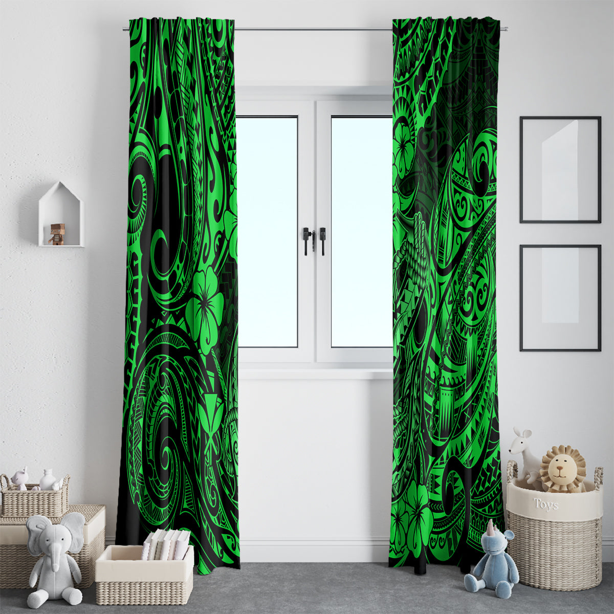 Hawaii Fish Hook Window Curtain Polynesian Pattern Green Version - Wonder Print Shop