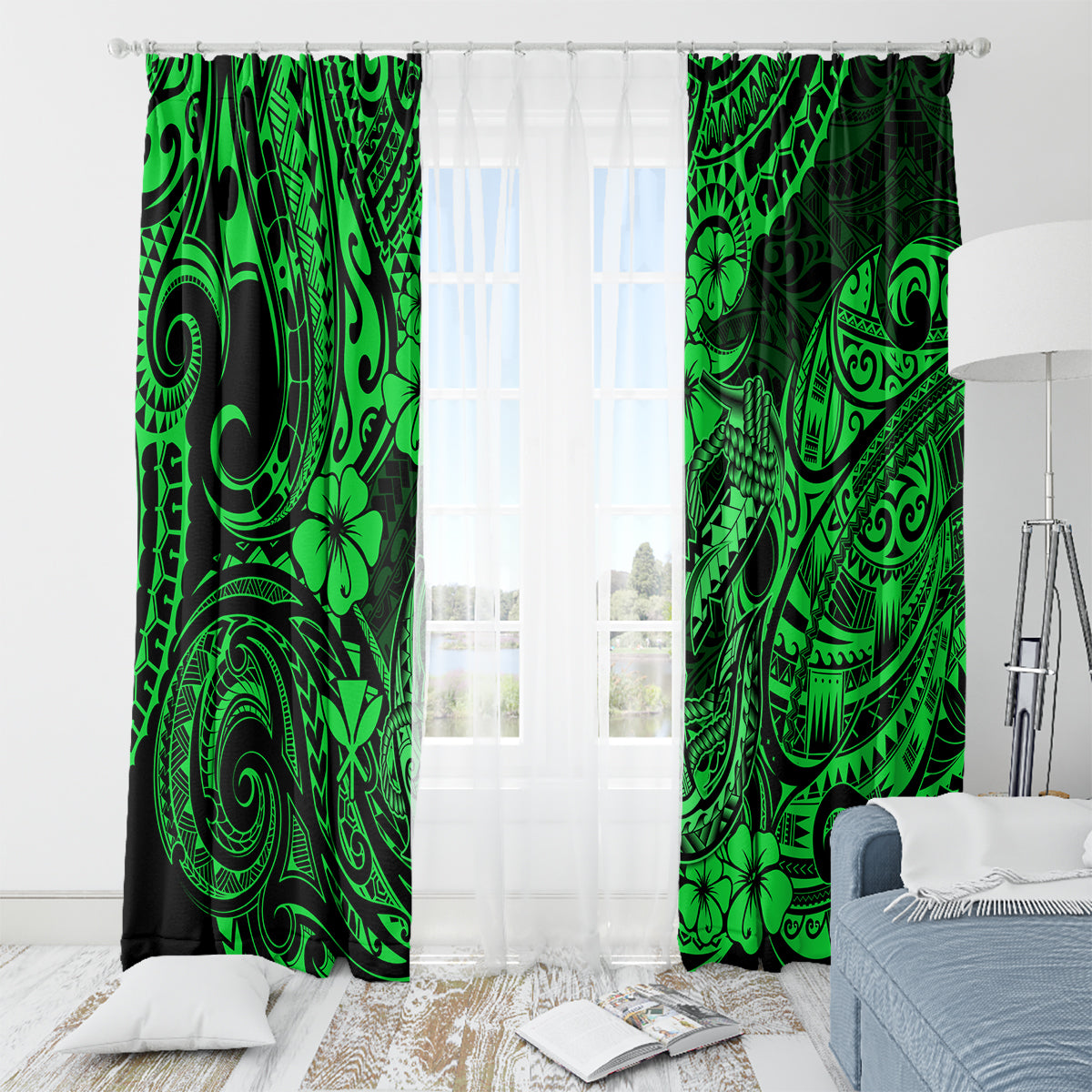 Hawaii Fish Hook Window Curtain Polynesian Pattern Green Version - Wonder Print Shop