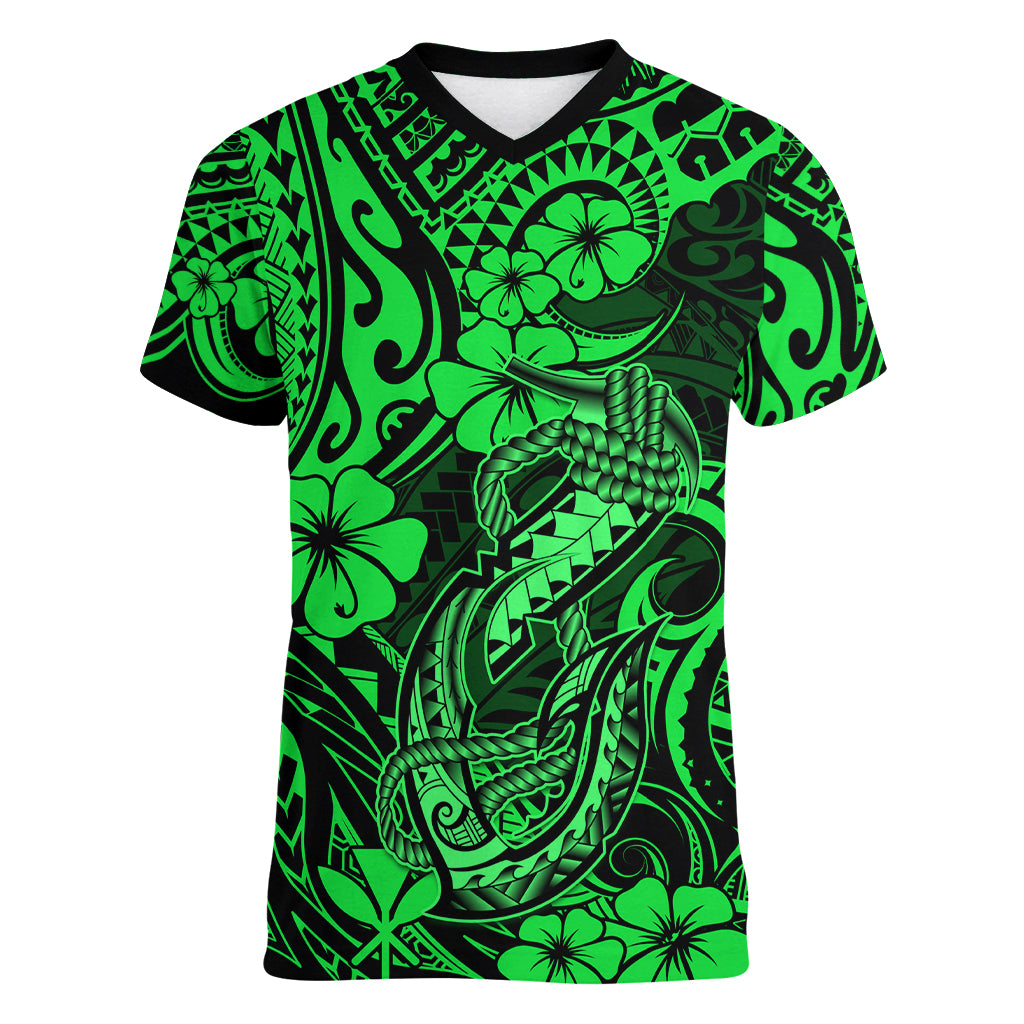 Hawaii Fish Hook Women V Neck T Shirt Polynesian Pattern Green Version - Wonder Print Shop