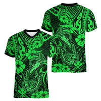 Hawaii Fish Hook Women V Neck T Shirt Polynesian Pattern Green Version - Wonder Print Shop
