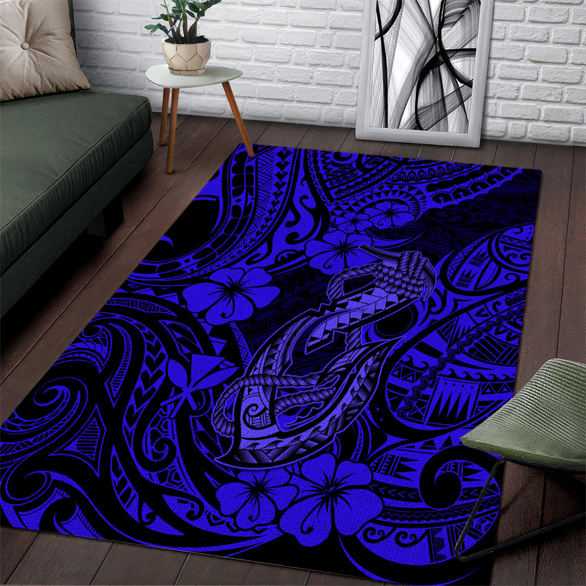 Hawaii Fish Hook Area Rug Polynesian Pattern Navy Blue Version - Wonder Print Shop