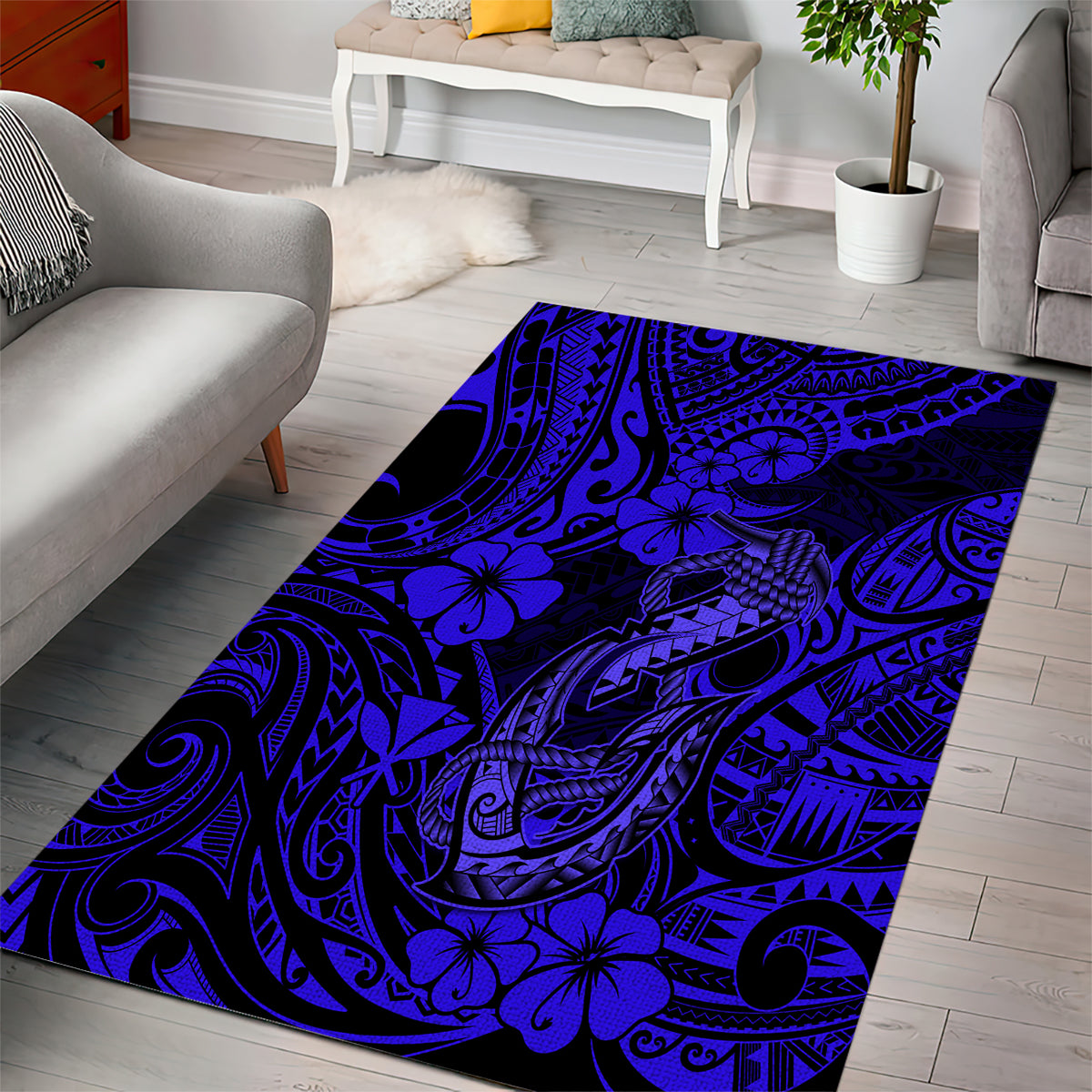 Hawaii Fish Hook Area Rug Polynesian Pattern Navy Blue Version - Wonder Print Shop