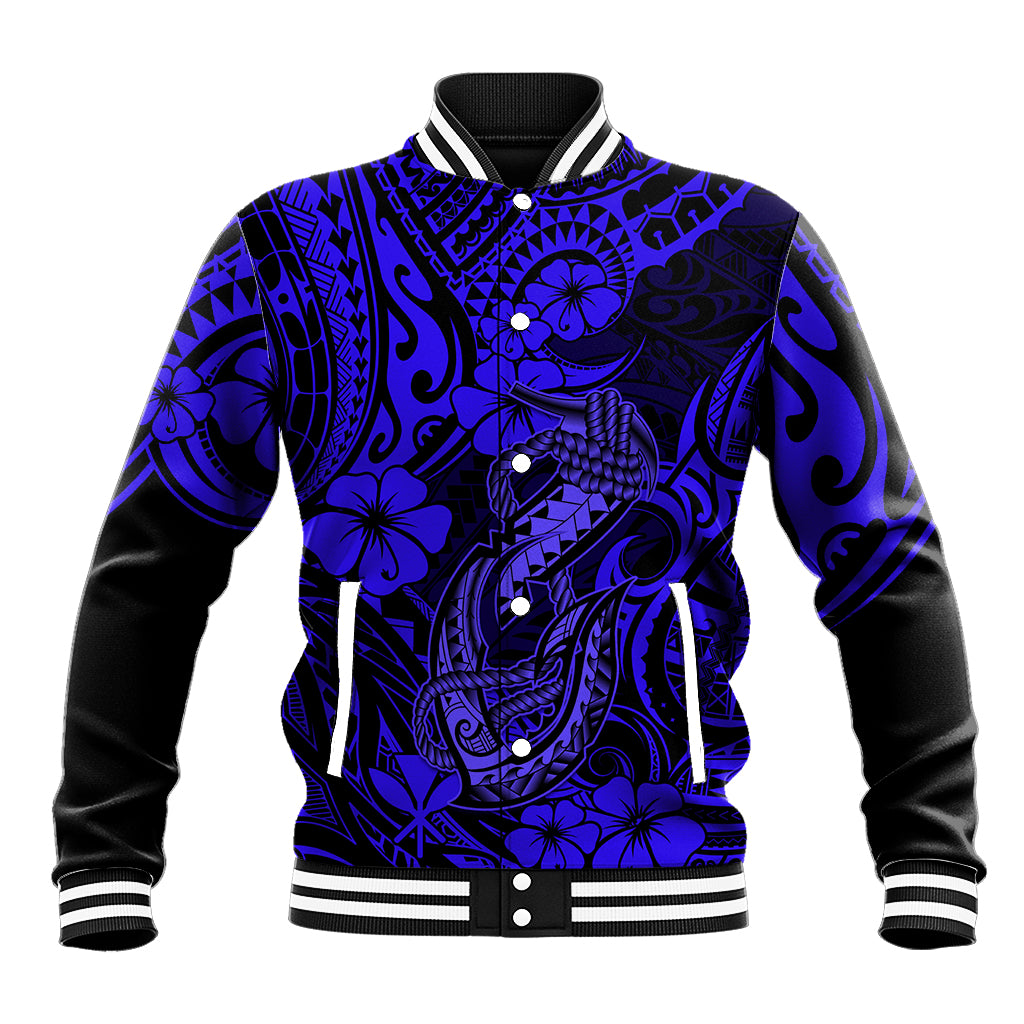Hawaii Fish Hook Baseball Jacket Polynesian Pattern Navy Blue Version - Wonder Print Shop