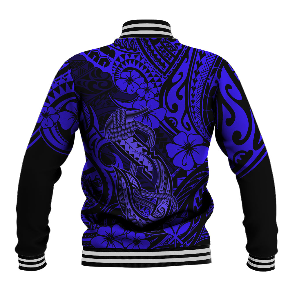Hawaii Fish Hook Baseball Jacket Polynesian Pattern Navy Blue Version - Wonder Print Shop