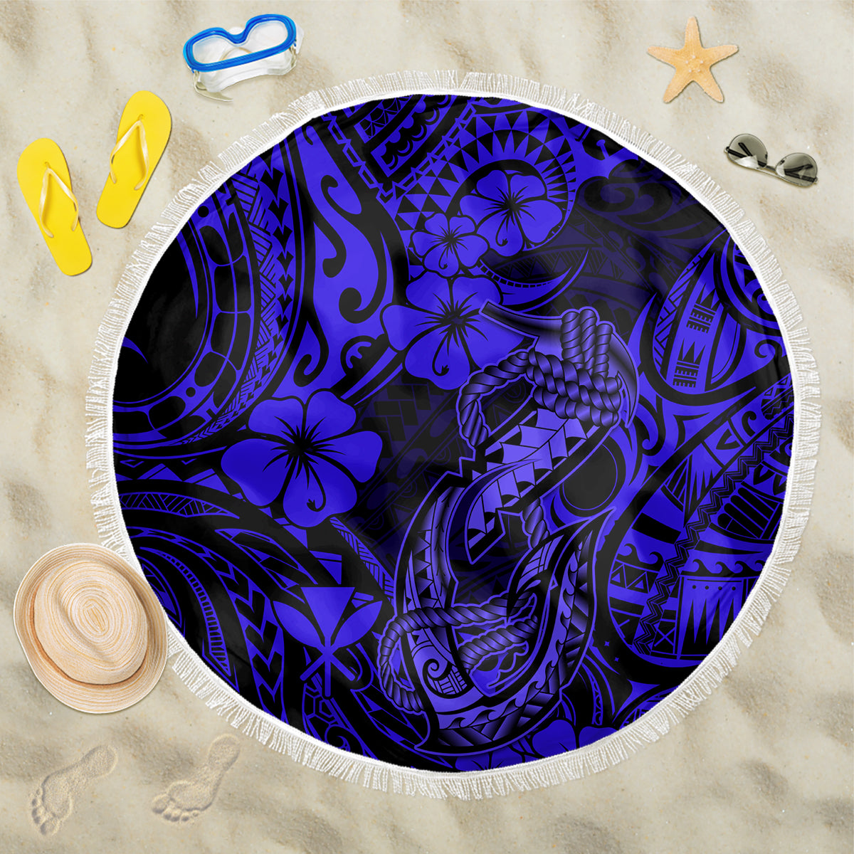 Hawaii Fish Hook Beach Blanket Polynesian Pattern Navy Blue Version - Wonder Print Shop