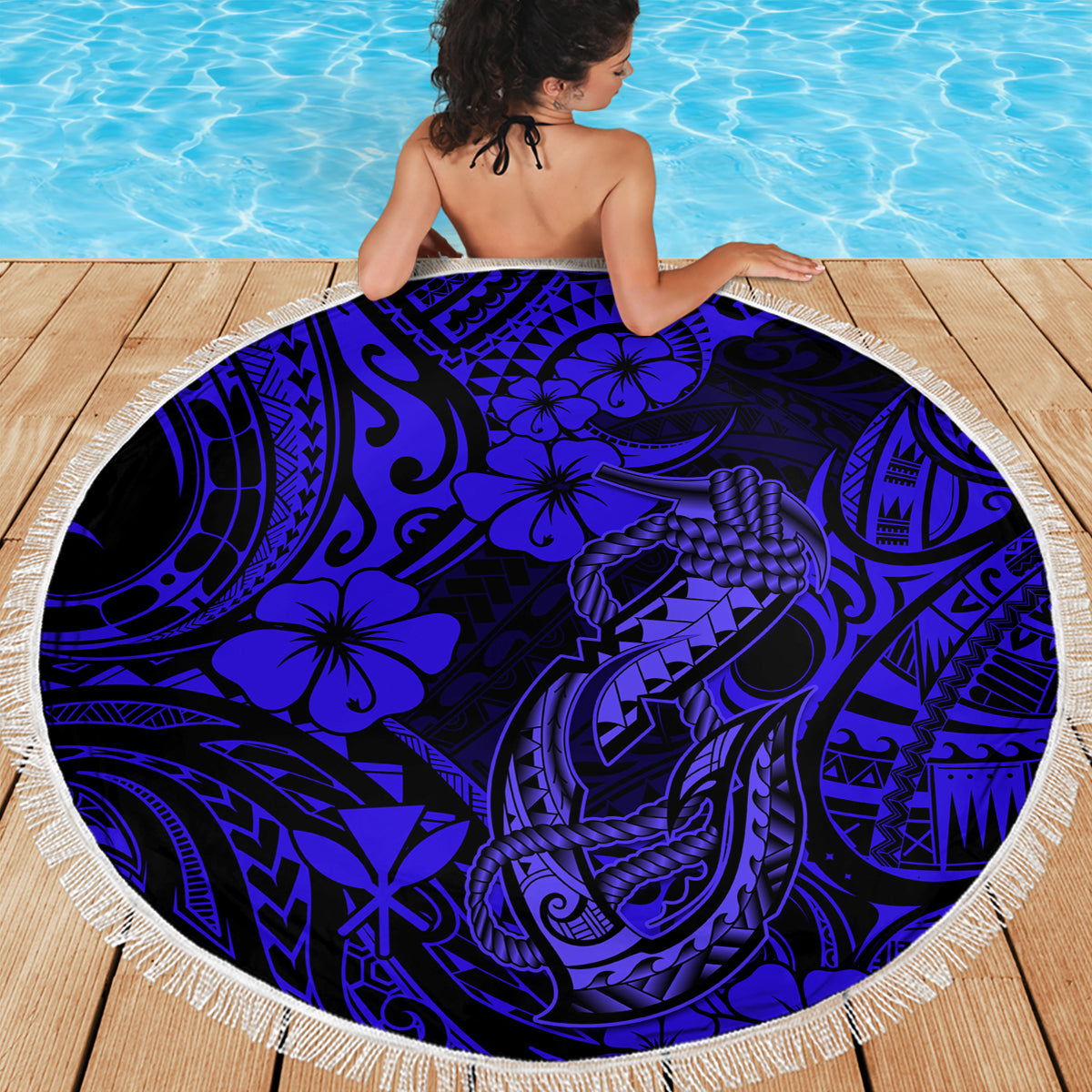 Hawaii Fish Hook Beach Blanket Polynesian Pattern Navy Blue Version - Wonder Print Shop