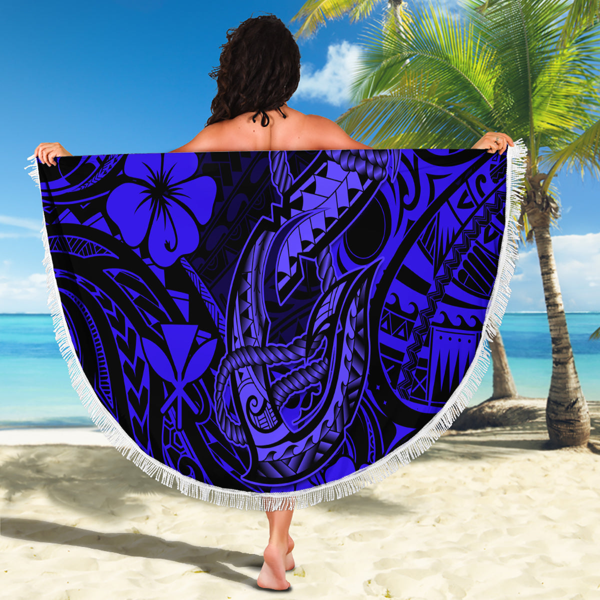 Hawaii Fish Hook Beach Blanket Polynesian Pattern Navy Blue Version - Wonder Print Shop