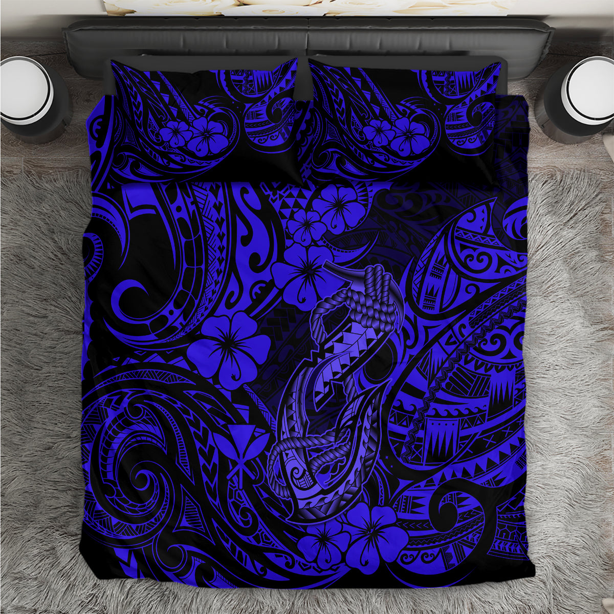 Hawaii Fish Hook Bedding Set Polynesian Pattern Navy Blue Version - Wonder Print Shop