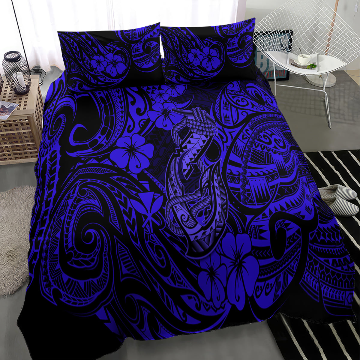 Hawaii Fish Hook Bedding Set Polynesian Pattern Navy Blue Version - Wonder Print Shop