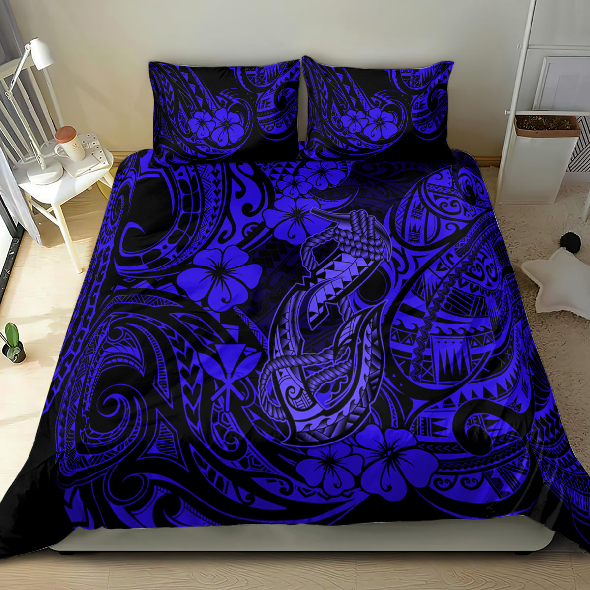 Hawaii Fish Hook Bedding Set Polynesian Pattern Navy Blue Version - Wonder Print Shop