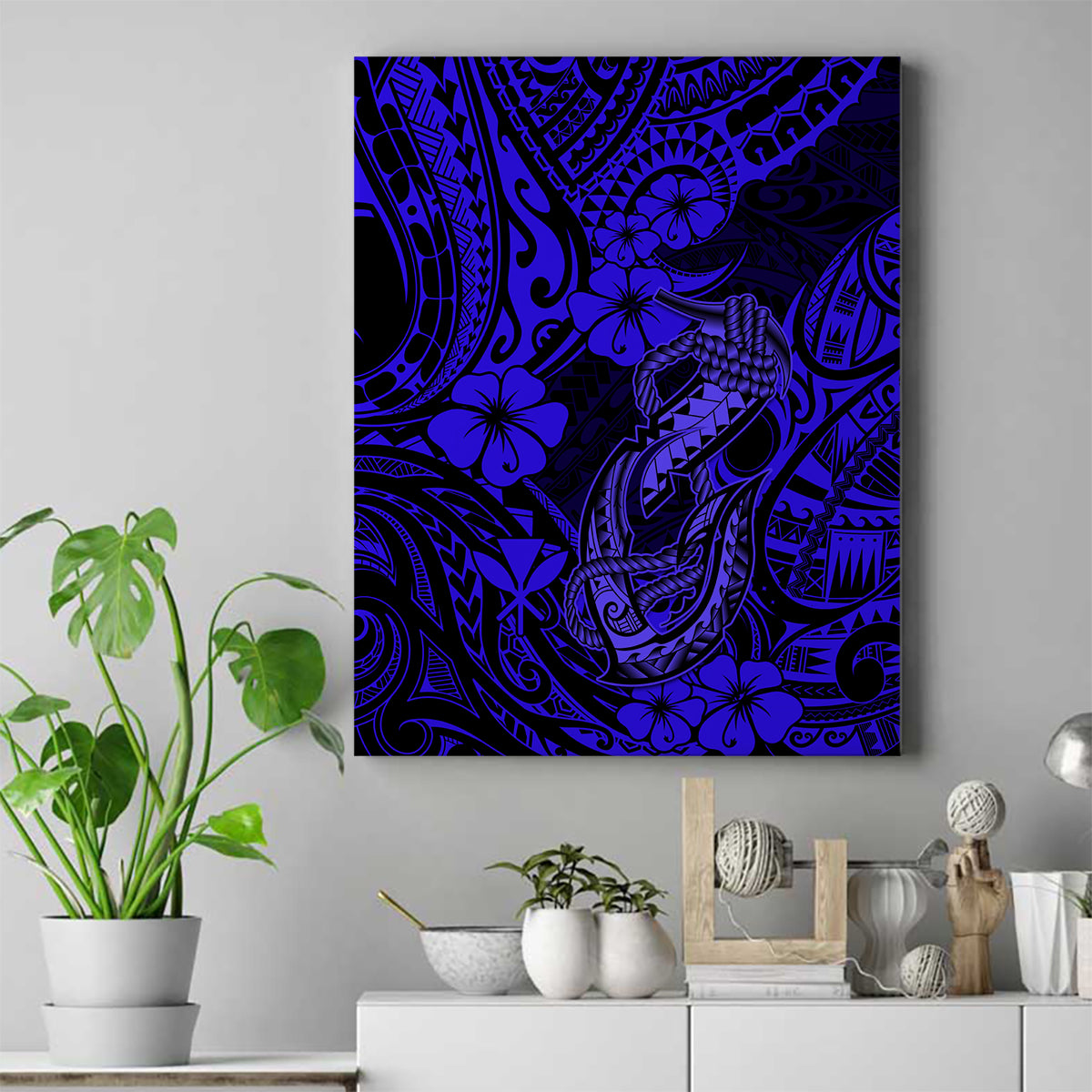 Hawaii Fish Hook Canvas Wall Art Polynesian Pattern Navy Blue Version - Wonder Print Shop
