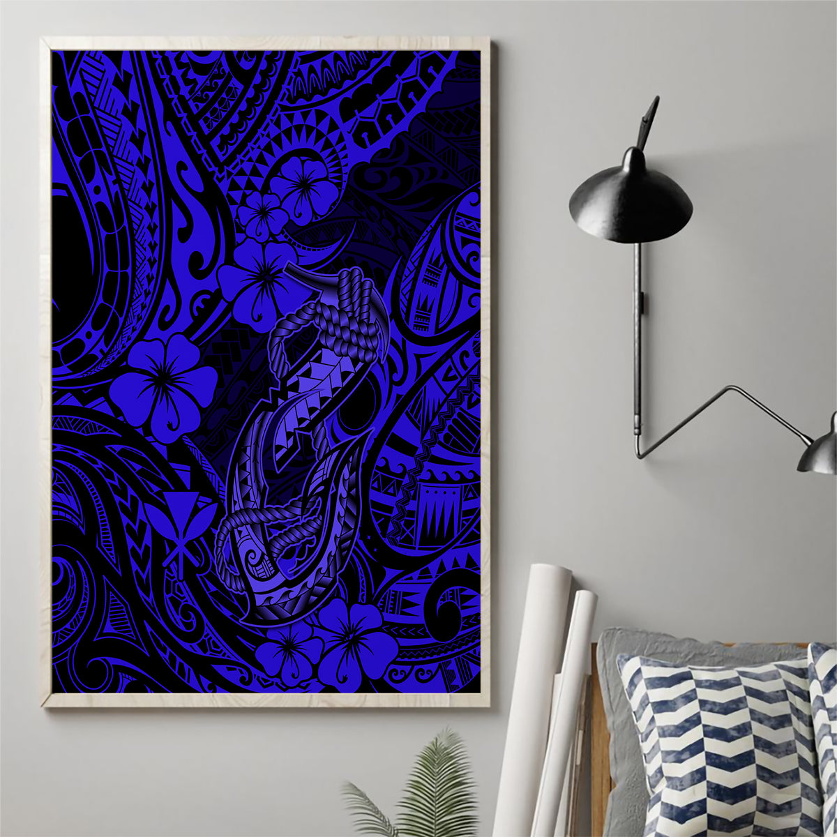 Hawaii Fish Hook Canvas Wall Art Polynesian Pattern Navy Blue Version - Wonder Print Shop