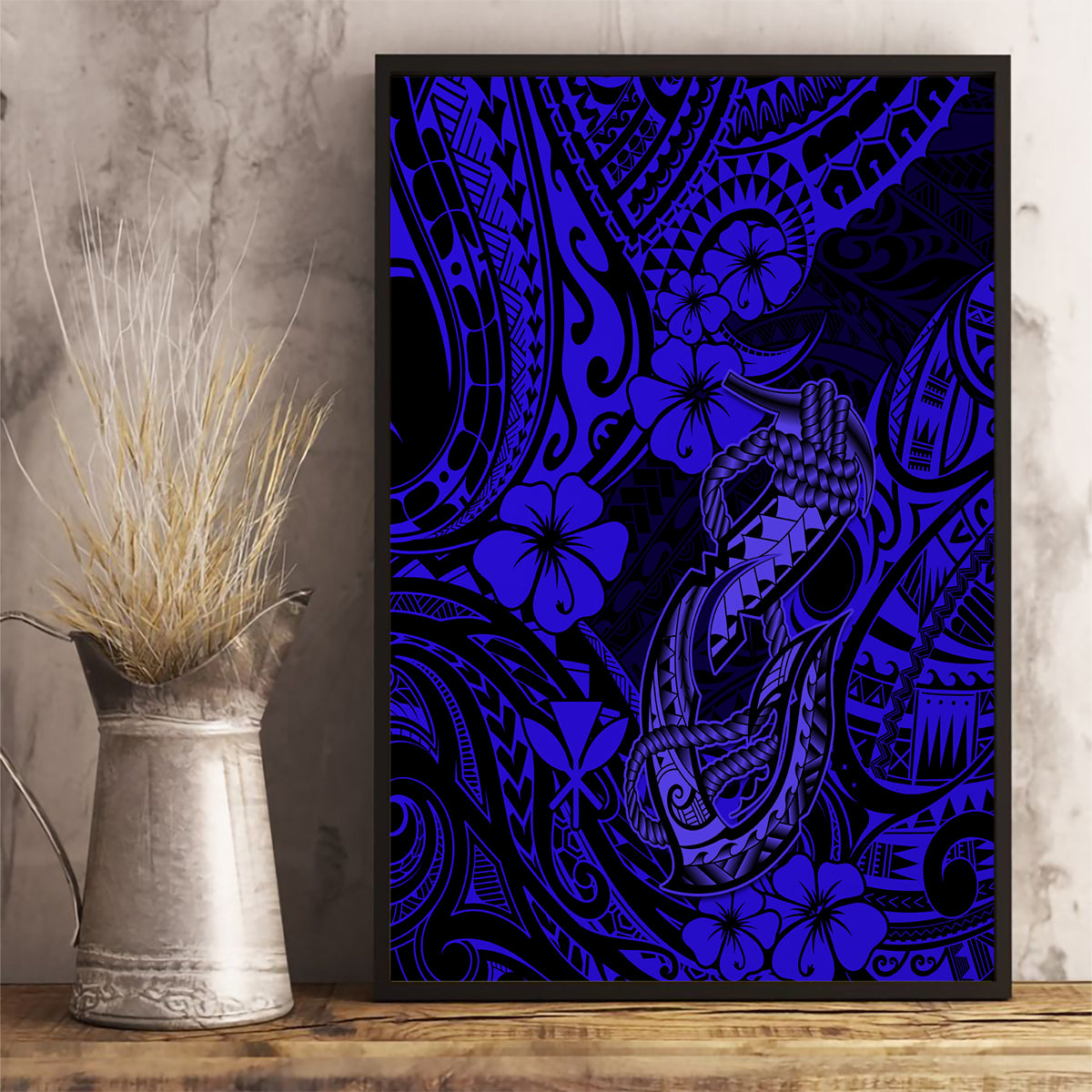 Hawaii Fish Hook Canvas Wall Art Polynesian Pattern Navy Blue Version - Wonder Print Shop