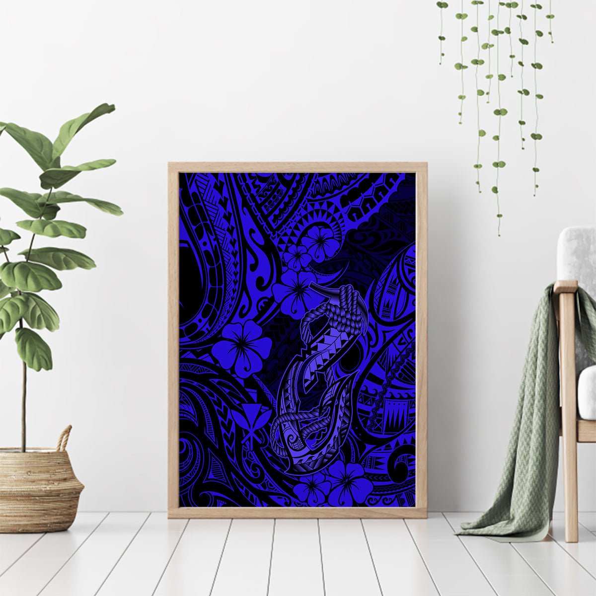 Hawaii Fish Hook Canvas Wall Art Polynesian Pattern Navy Blue Version - Wonder Print Shop