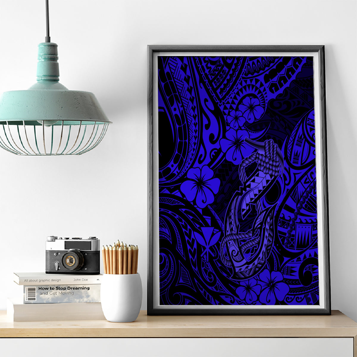 Hawaii Fish Hook Canvas Wall Art Polynesian Pattern Navy Blue Version - Wonder Print Shop