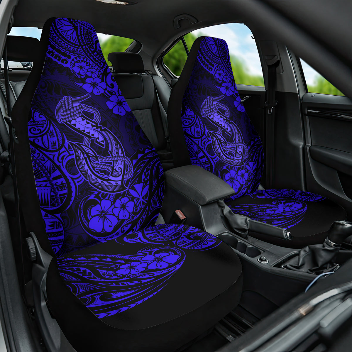 Hawaii Fish Hook Car Seat Cover Polynesian Pattern Navy Blue Version - Wonder Print Shop