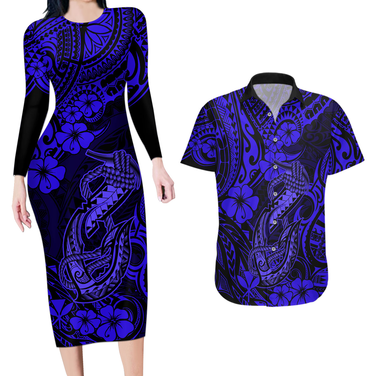 Hawaii Fish Hook Couples Matching Long Sleeve Bodycon Dress and Hawaiian Shirt Polynesian Pattern Navy Blue Version - Wonder Print Shop