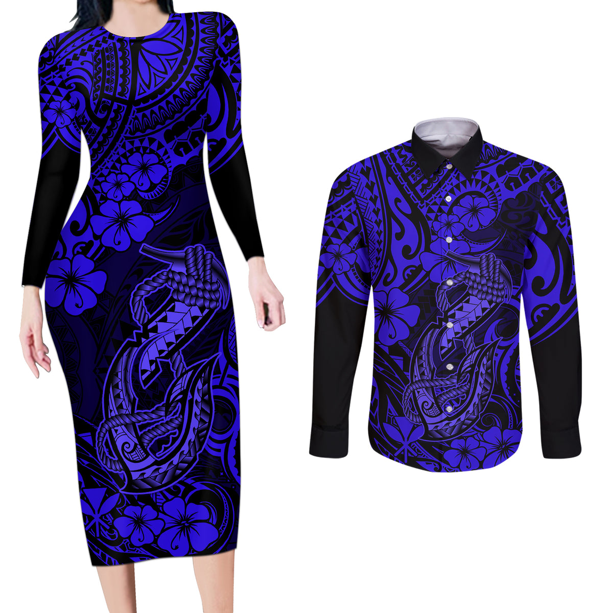 Hawaii Fish Hook Couples Matching Long Sleeve Bodycon Dress and Long Sleeve Button Shirts Polynesian Pattern Navy Blue Version - Wonder Print Shop