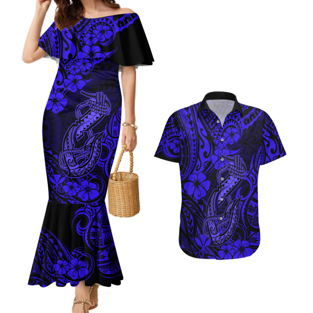 Hawaii Fish Hook Couples Matching Mermaid Dress and Hawaiian Shirt Polynesian Pattern Navy Blue Version - Wonder Print Shop