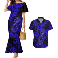 Hawaii Fish Hook Couples Matching Mermaid Dress and Hawaiian Shirt Polynesian Pattern Navy Blue Version - Wonder Print Shop
