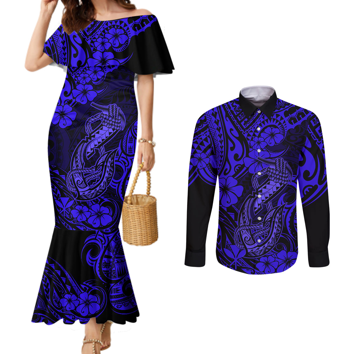 hawaii-fish-hook-couples-matching-mermaid-dress-and-long-sleeve-button-shirts-polynesian-pattern-navy-blue-version