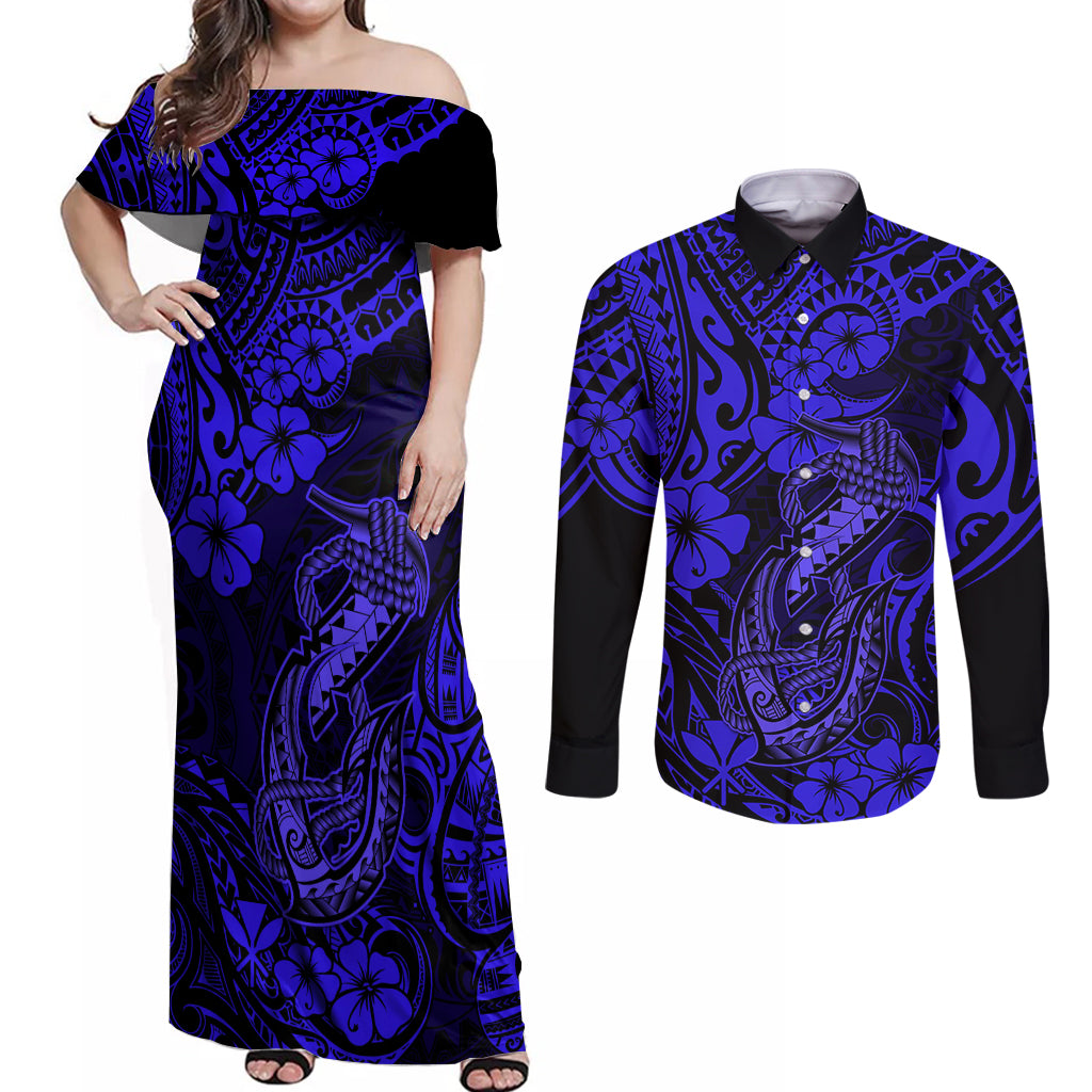 Hawaii Fish Hook Couples Matching Off Shoulder Maxi Dress and Long Sleeve Button Shirts Polynesian Pattern Navy Blue Version - Wonder Print Shop