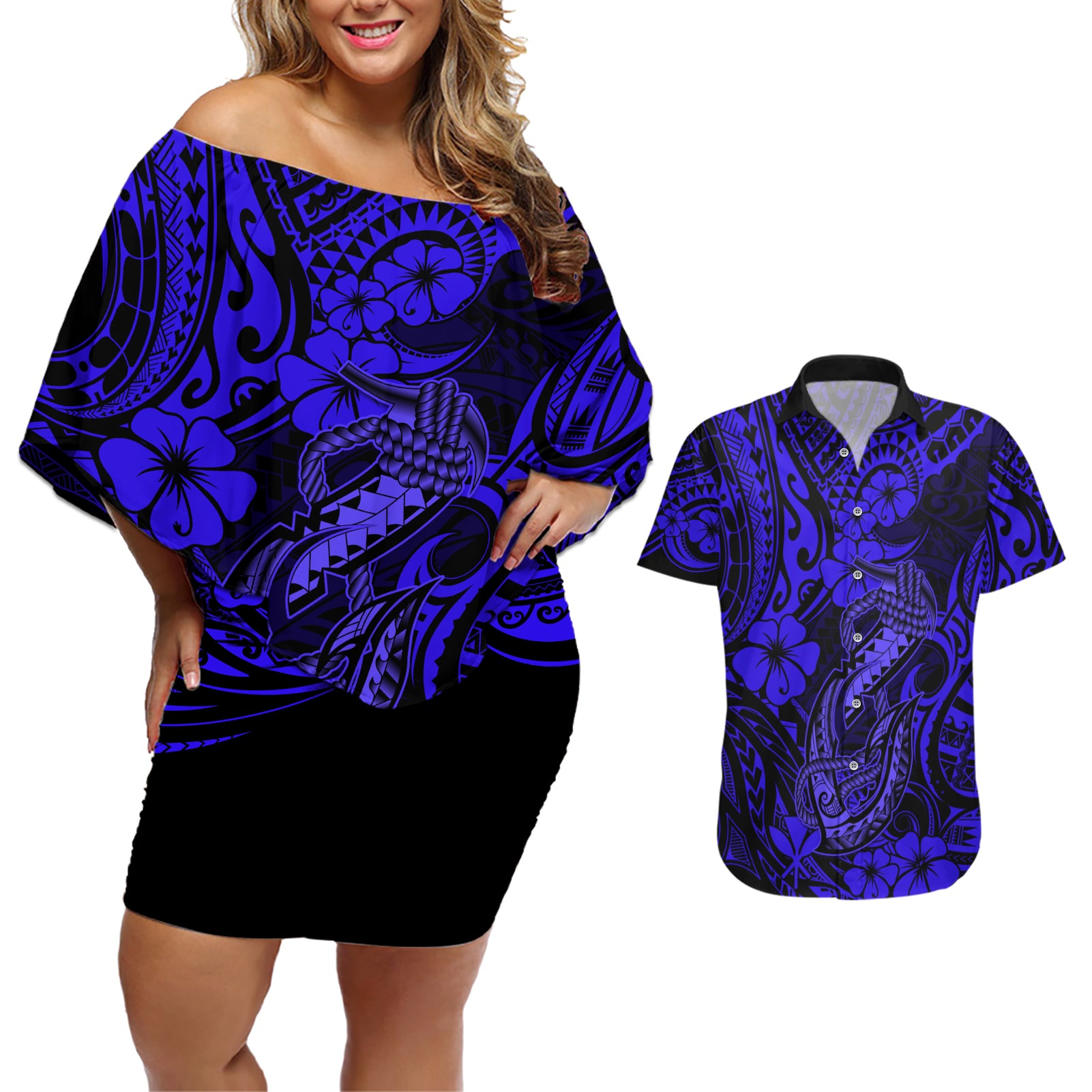 Hawaii Fish Hook Couples Matching Off Shoulder Short Dress and Hawaiian Shirt Polynesian Pattern Navy Blue Version - Wonder Print Shop