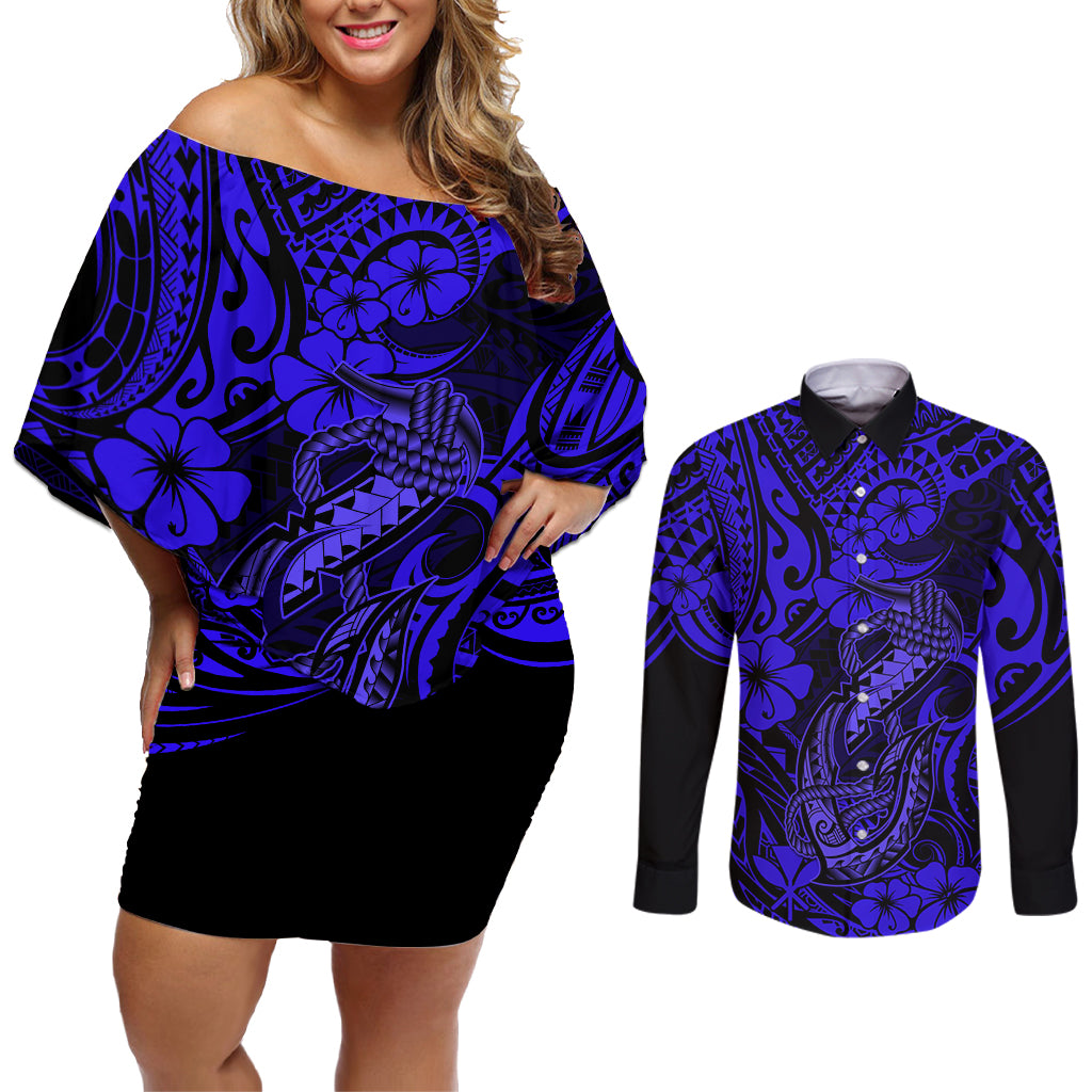 Hawaii Fish Hook Couples Matching Off Shoulder Short Dress and Long Sleeve Button Shirts Polynesian Pattern Navy Blue Version - Wonder Print Shop