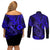 Hawaii Fish Hook Couples Matching Off Shoulder Short Dress and Long Sleeve Button Shirts Polynesian Pattern Navy Blue Version - Wonder Print Shop