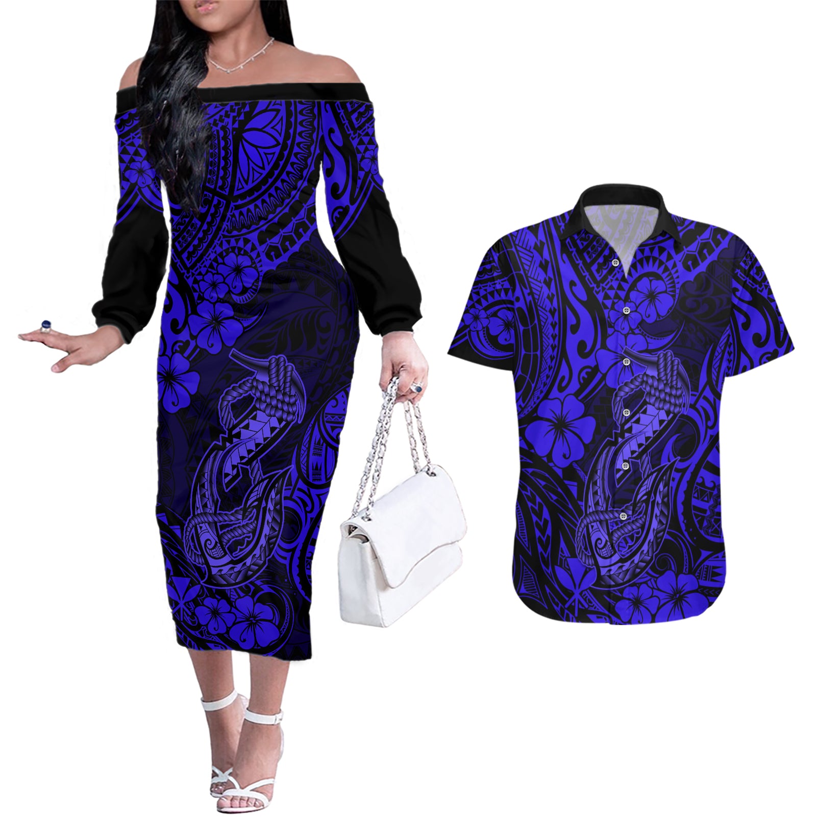 Hawaii Fish Hook Couples Matching Off The Shoulder Long Sleeve Dress and Hawaiian Shirt Polynesian Pattern Navy Blue Version - Wonder Print Shop