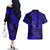 Hawaii Fish Hook Couples Matching Off The Shoulder Long Sleeve Dress and Hawaiian Shirt Polynesian Pattern Navy Blue Version - Wonder Print Shop