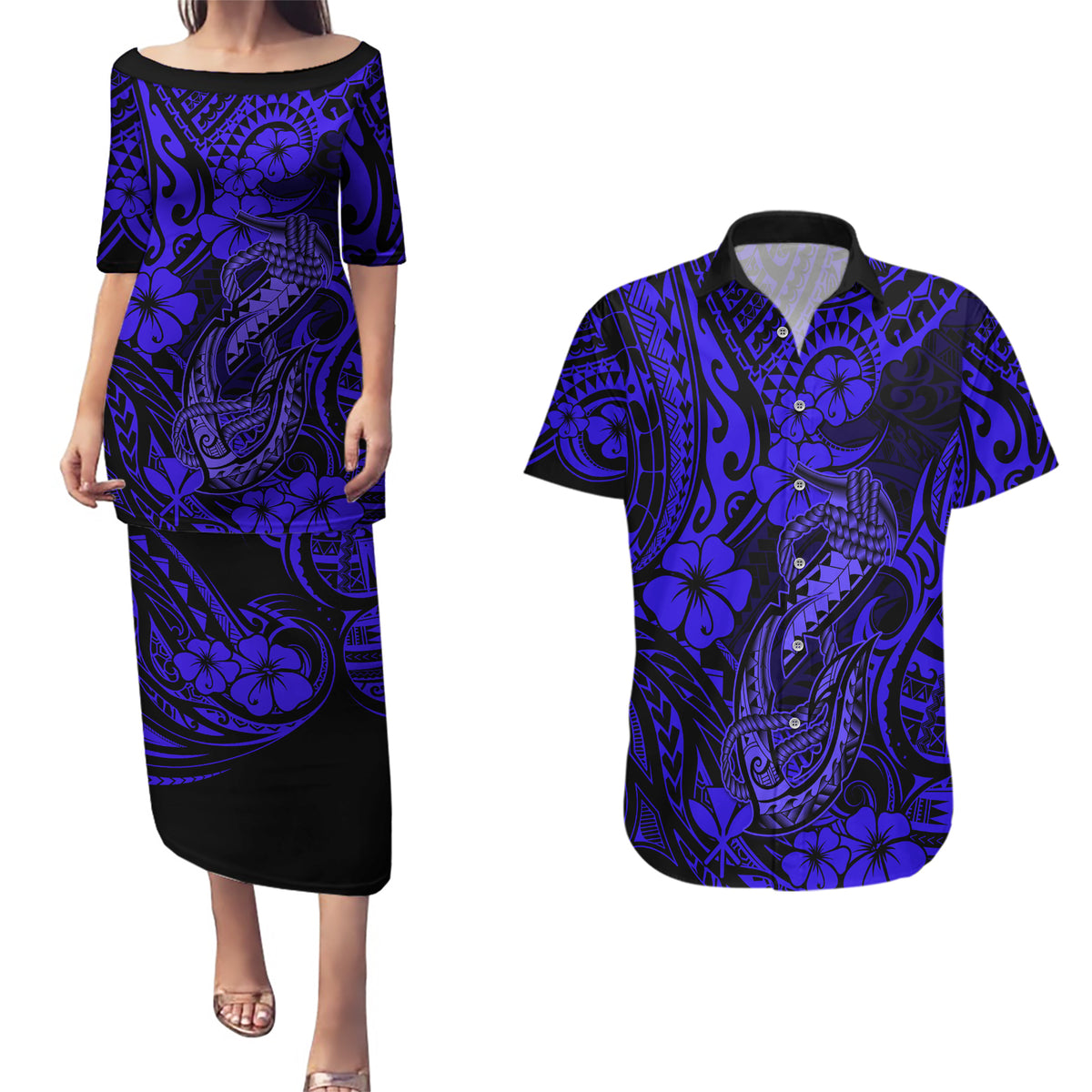 Hawaii Fish Hook Couples Matching Puletasi Dress and Hawaiian Shirt Polynesian Pattern Navy Blue Version - Wonder Print Shop
