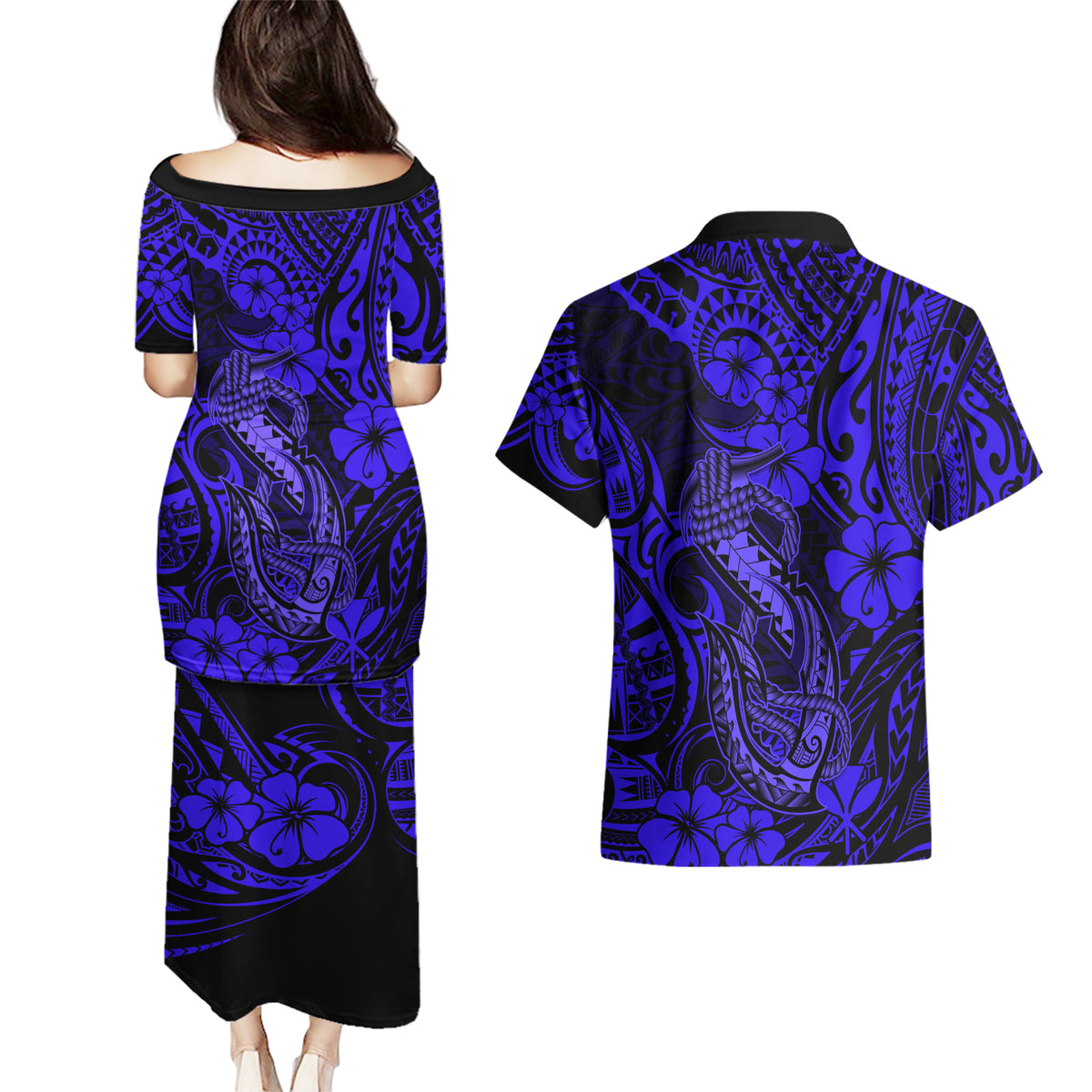 Hawaii Fish Hook Couples Matching Puletasi Dress and Hawaiian Shirt Polynesian Pattern Navy Blue Version - Wonder Print Shop