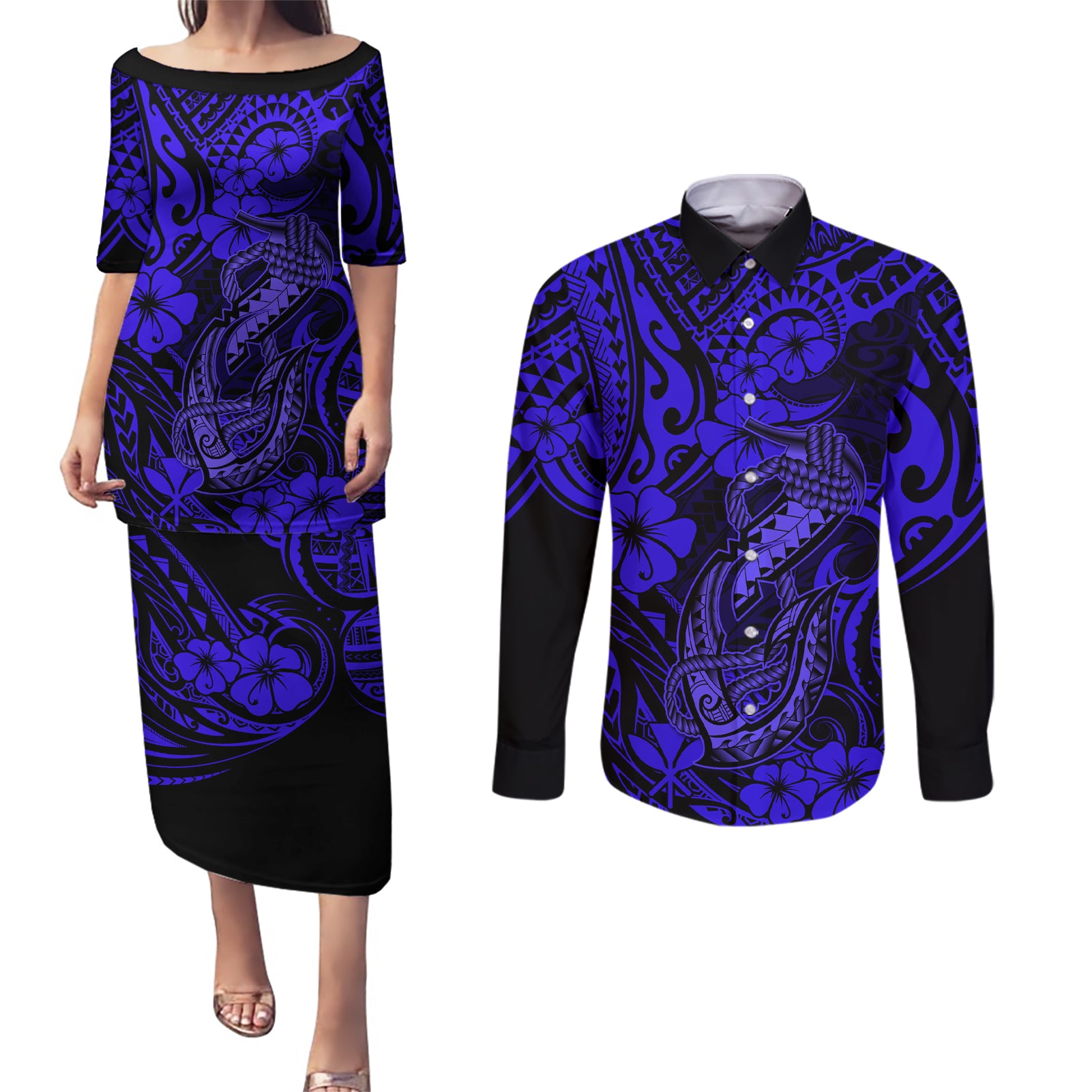 Hawaii Fish Hook Couples Matching Puletasi Dress and Long Sleeve Button Shirts Polynesian Pattern Navy Blue Version - Wonder Print Shop