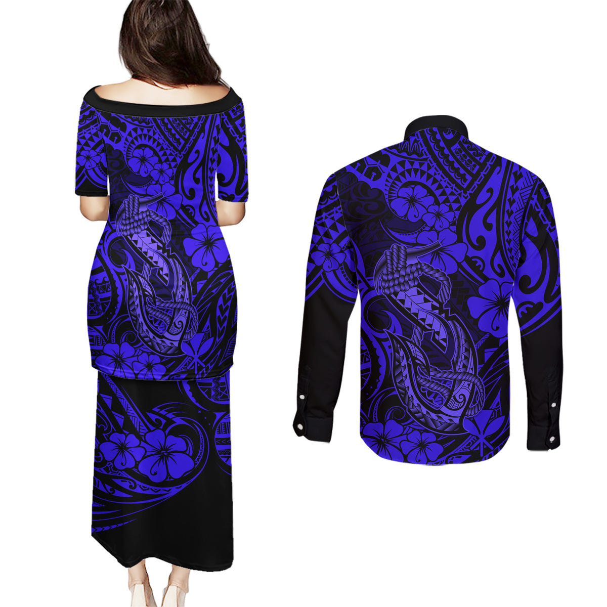 Hawaii Fish Hook Couples Matching Puletasi Dress and Long Sleeve Button Shirts Polynesian Pattern Navy Blue Version - Wonder Print Shop