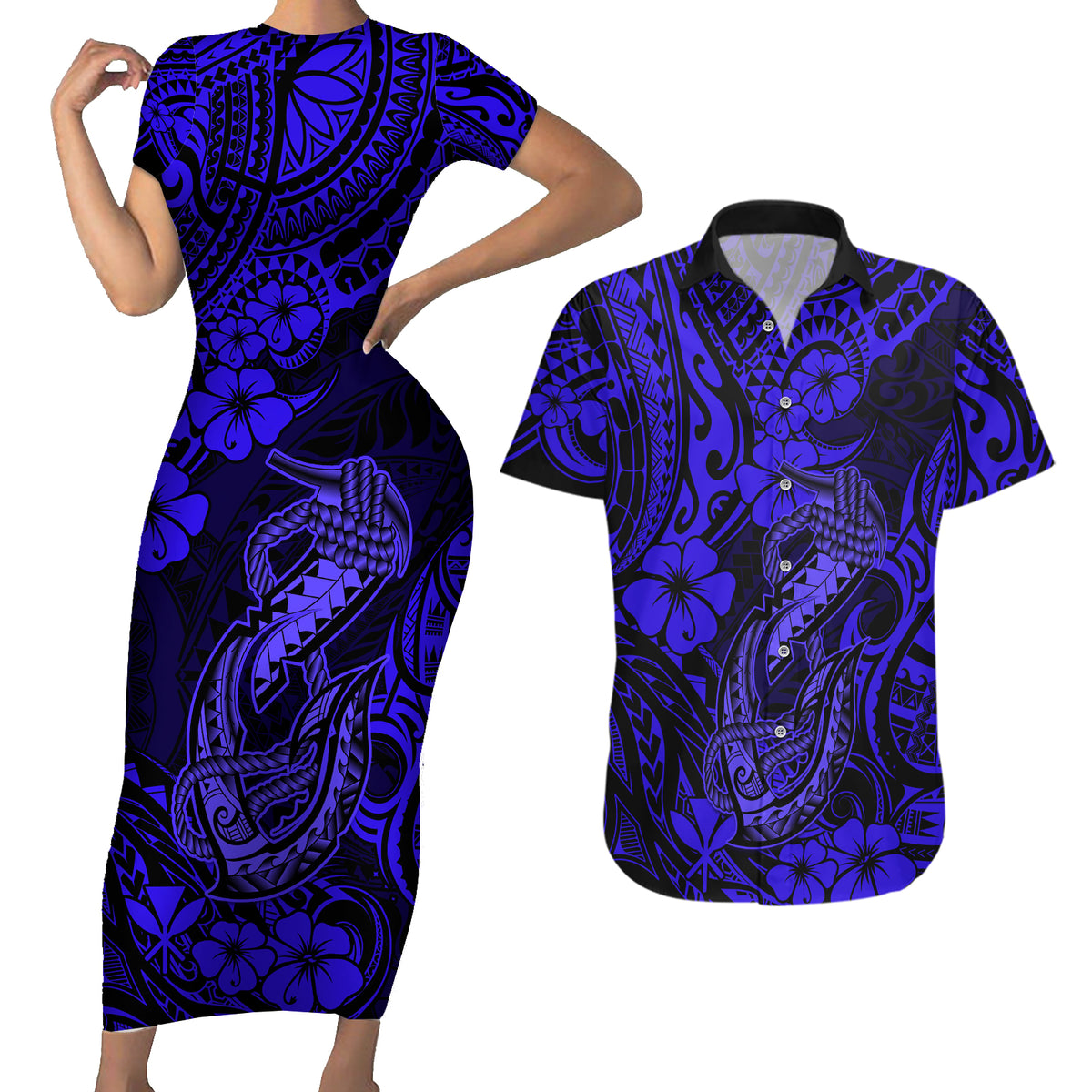 Hawaii Fish Hook Couples Matching Short Sleeve Bodycon Dress and Hawaiian Shirt Polynesian Pattern Navy Blue Version - Wonder Print Shop