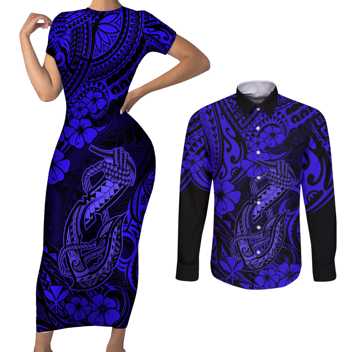 Hawaii Fish Hook Couples Matching Short Sleeve Bodycon Dress and Long Sleeve Button Shirts Polynesian Pattern Navy Blue Version - Wonder Print Shop