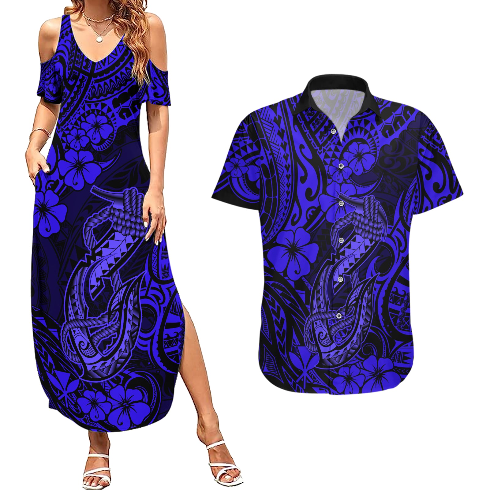 Hawaii Fish Hook Couples Matching Summer Maxi Dress and Hawaiian Shirt Polynesian Pattern Navy Blue Version - Wonder Print Shop