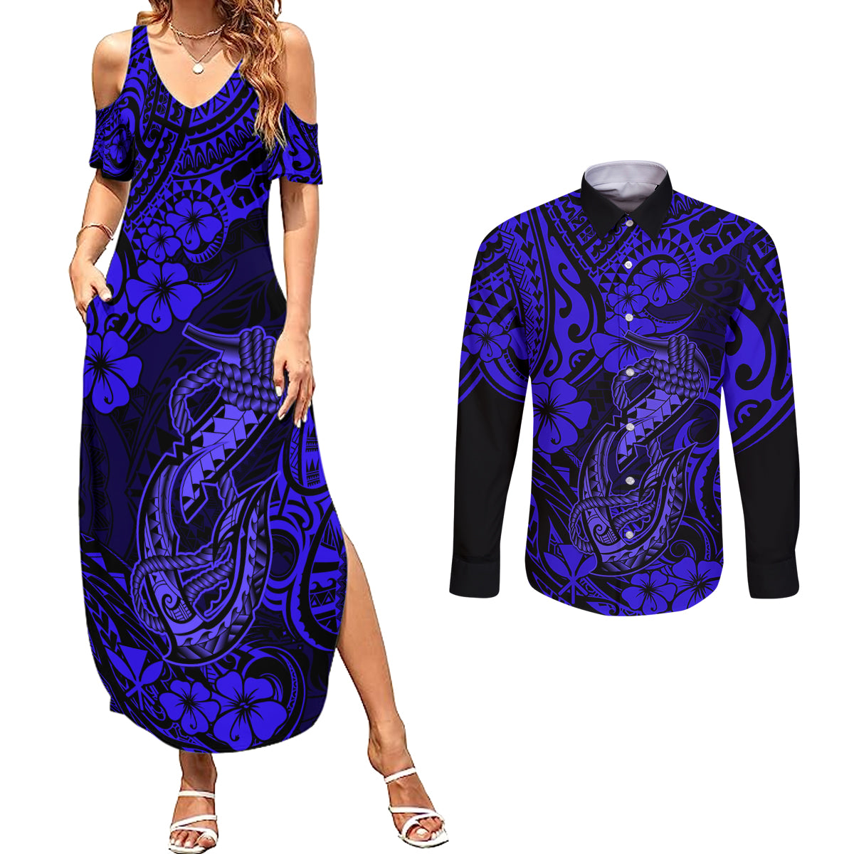 Hawaii Fish Hook Couples Matching Summer Maxi Dress and Long Sleeve Button Shirts Polynesian Pattern Navy Blue Version - Wonder Print Shop