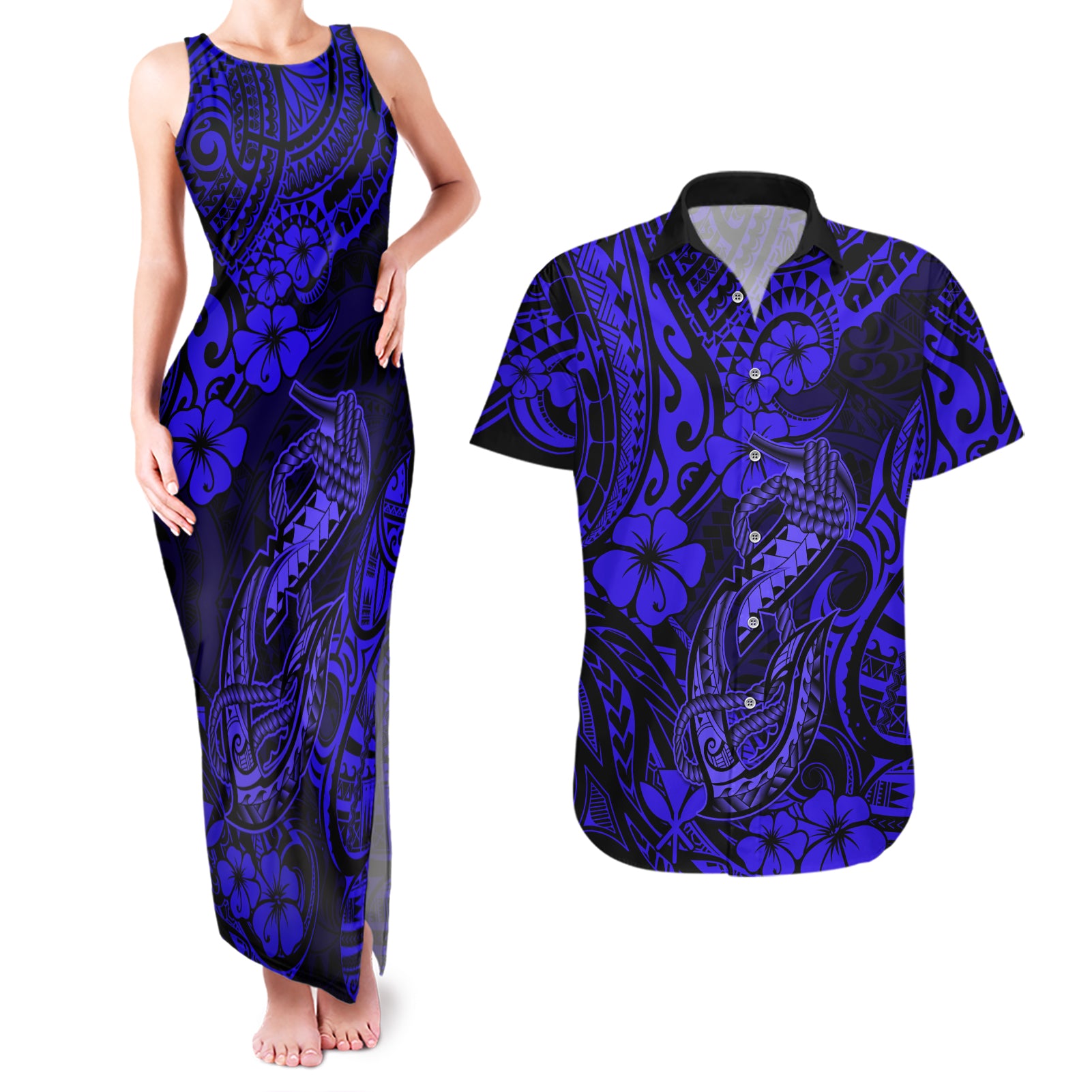 Hawaii Fish Hook Couples Matching Tank Maxi Dress and Hawaiian Shirt Polynesian Pattern Navy Blue Version - Wonder Print Shop