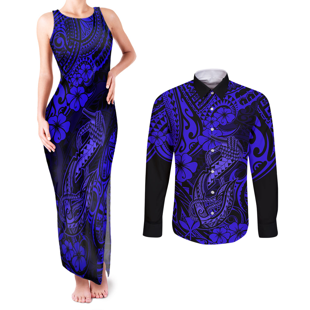 Hawaii Fish Hook Couples Matching Tank Maxi Dress and Long Sleeve Button Shirts Polynesian Pattern Navy Blue Version - Wonder Print Shop