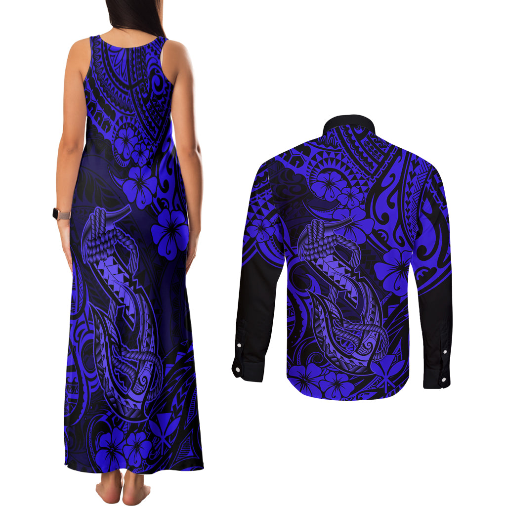 Hawaii Fish Hook Couples Matching Tank Maxi Dress and Long Sleeve Button Shirts Polynesian Pattern Navy Blue Version - Wonder Print Shop